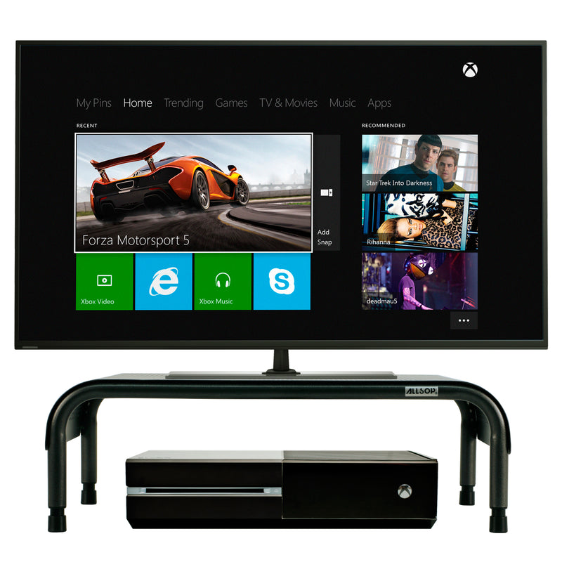 Studio image Allsop Ergo 3 Adjustable Height Monitor Stand showing video game system and monitor