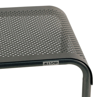 Studio image Allsop Ergo 3 Adjustable Height Monitor Stand close up of logo