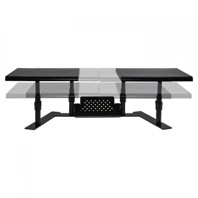 Studio image ErgoTwin Dual Monitor Stand showing height adjustments