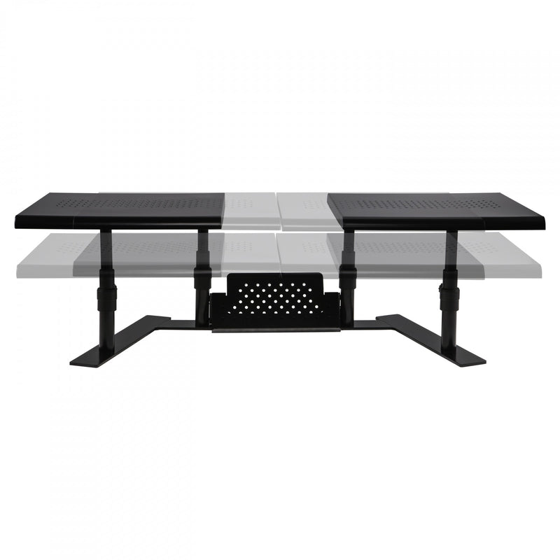 Studio image ErgoTwin Dual Monitor Stand showing height adjustments