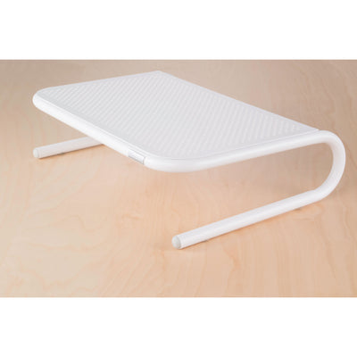 Studio Image Metal Art Jr Monitor Stand White shown on wood desk